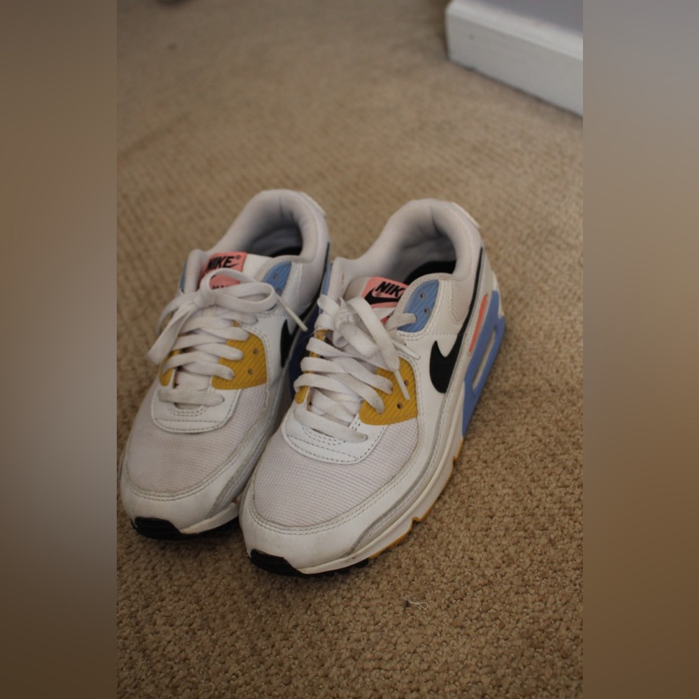 Nike White Sneakers with Yellow, Blue & Black Accents